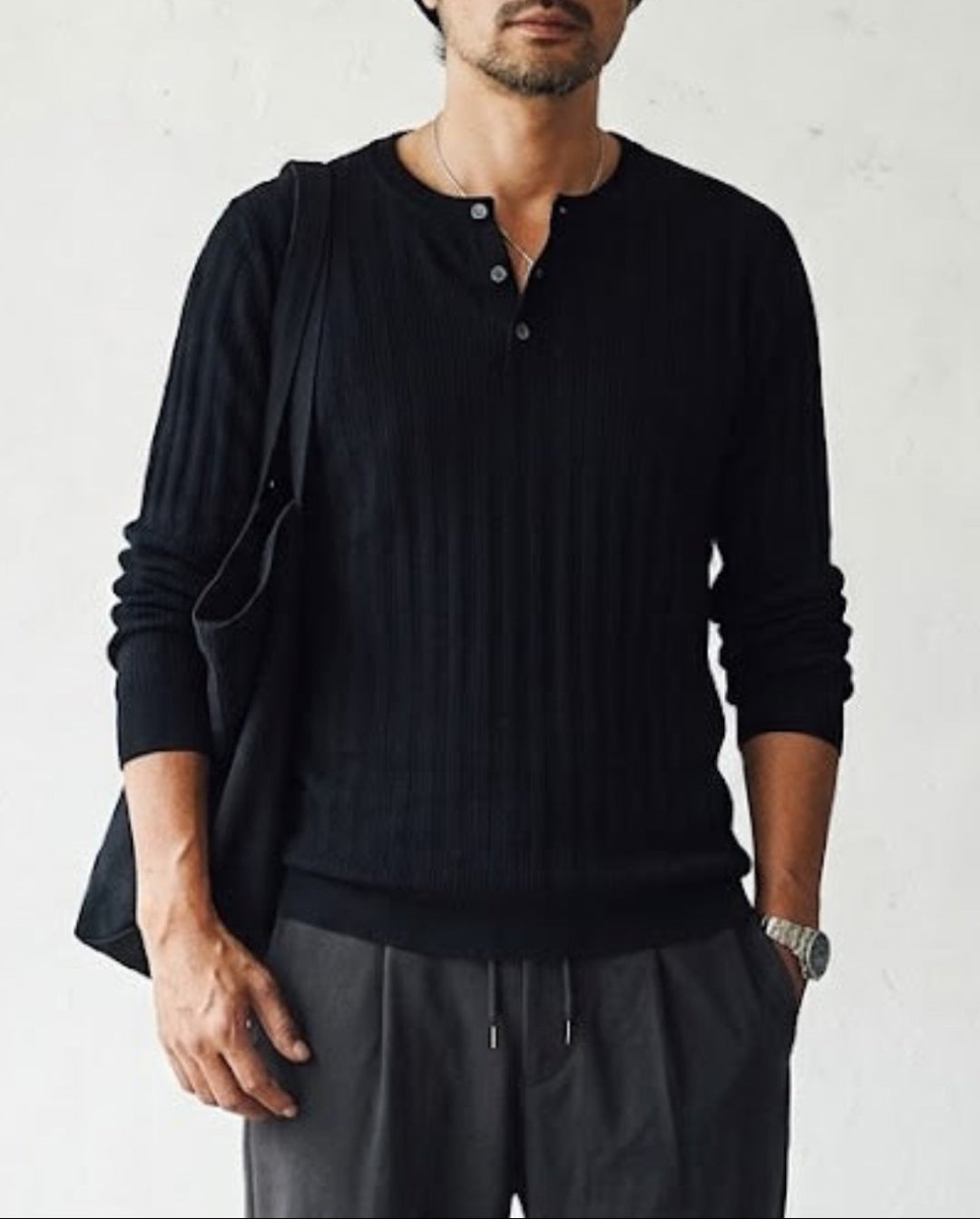 Ribbed Henley Neck Layered Knit Sweater｜BM-T-186
