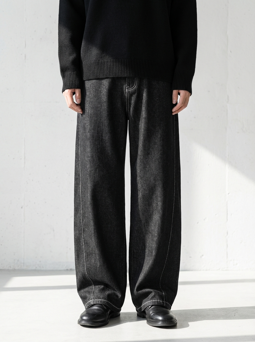 Contrast Stitch Panel Black Denim｜BM-B-129