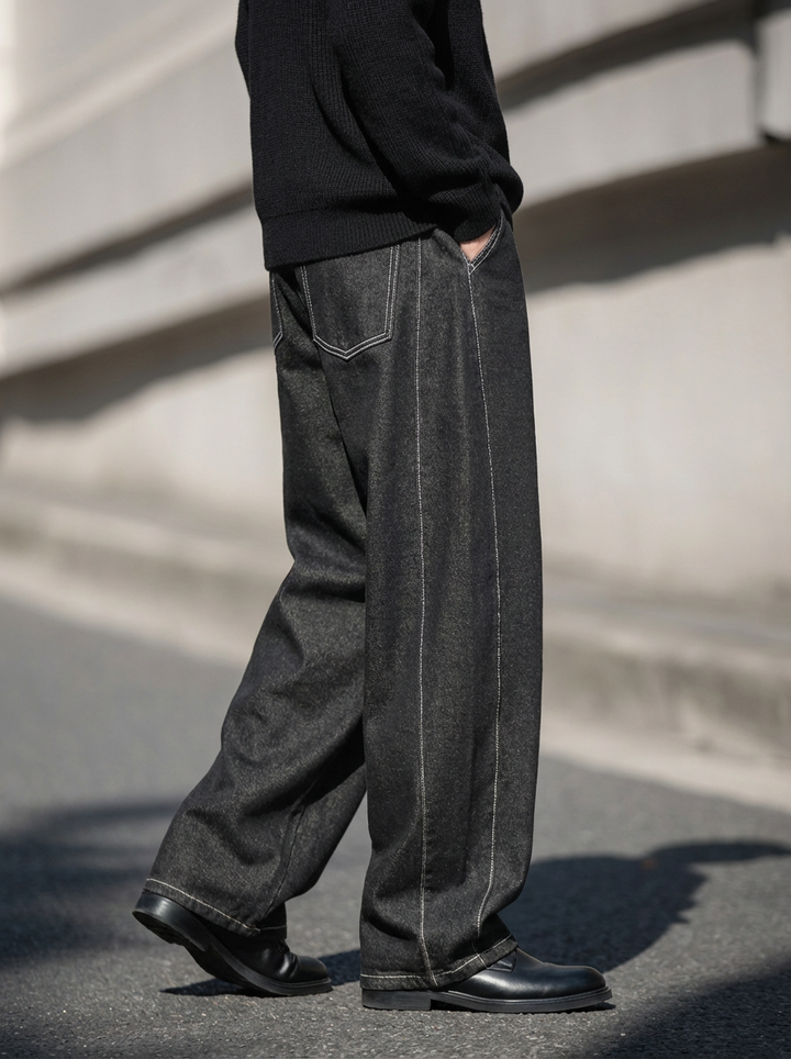 Contrast Stitch Panel Black Denim｜BM-B-129