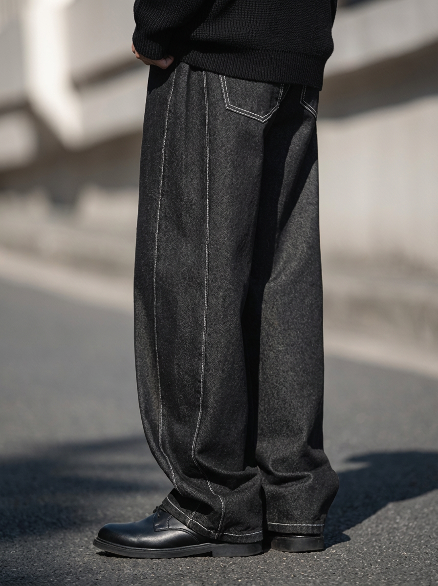 Contrast Stitch Panel Black Denim｜BM-B-129